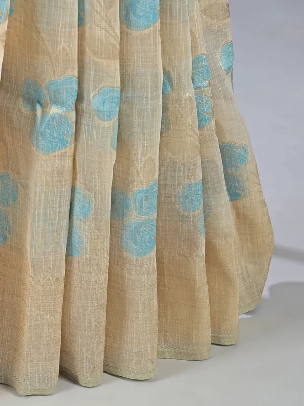 Beige and blue semi cotton silk saree with unstitched blouse