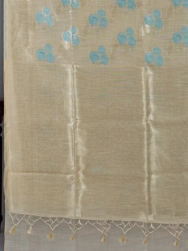 Beige and blue semi cotton silk saree with unstitched blouse