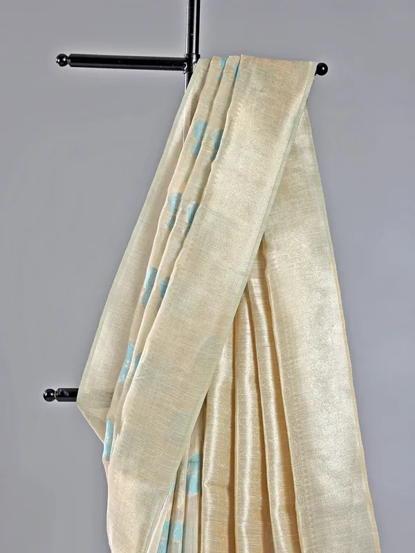 Beige and blue semi cotton silk saree with unstitched blouse