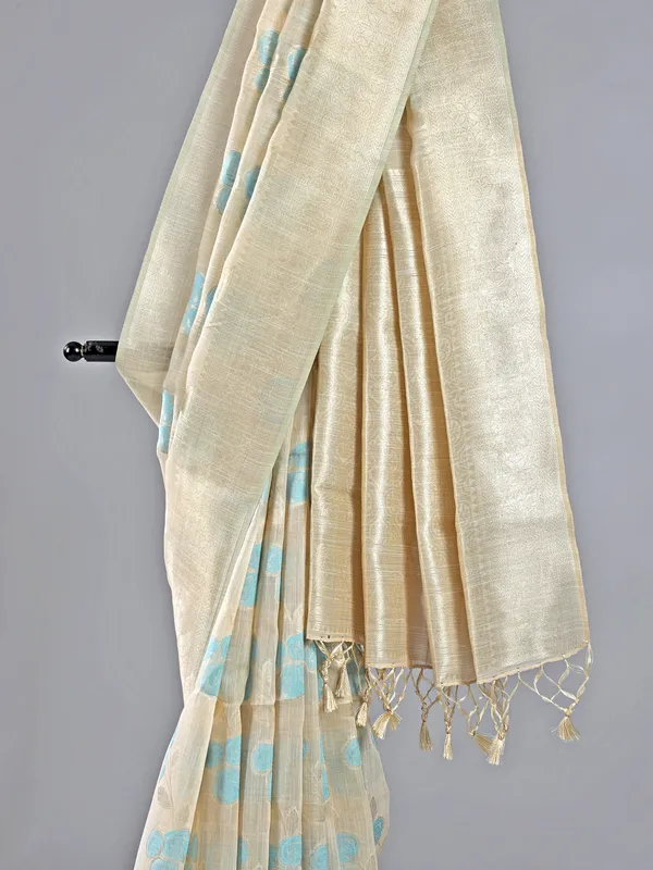 Beige and blue semi cotton silk saree with unstitched blouse