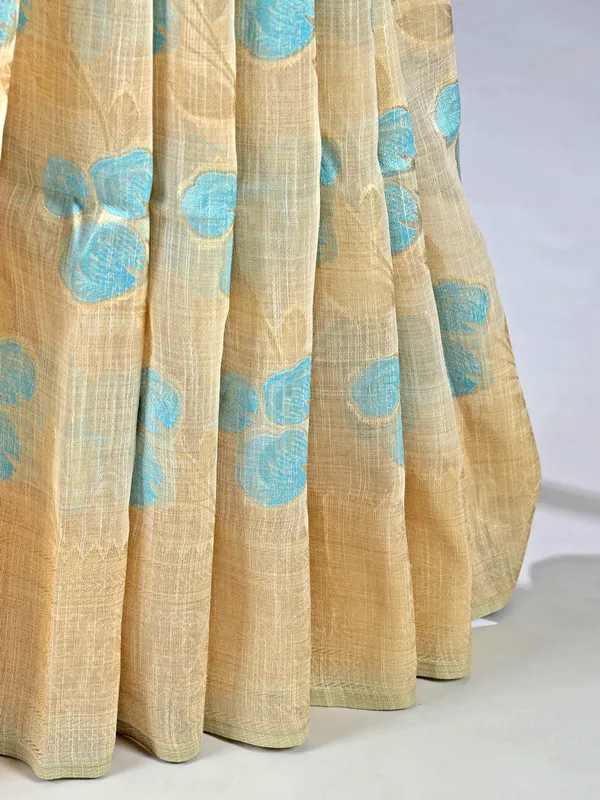 Beige and blue semi cotton silk saree with unstitched blouse