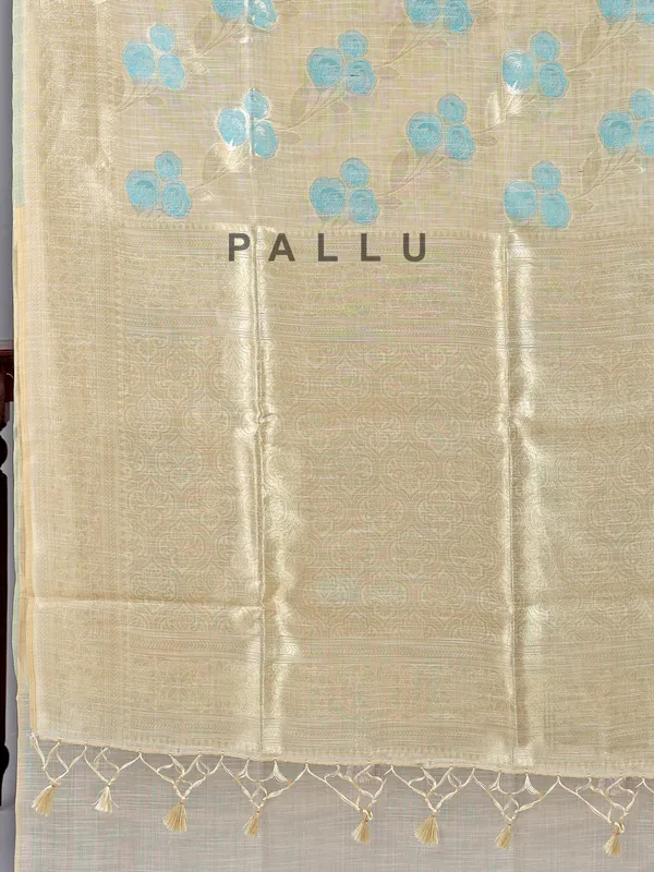 Beige and blue semi cotton silk saree with unstitched blouse