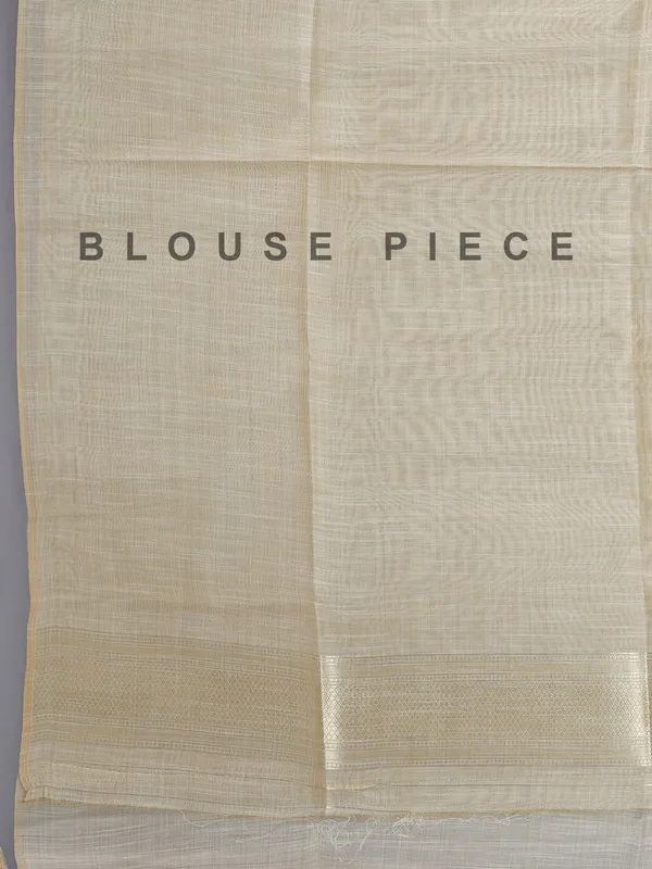 Beige and blue semi cotton silk saree with unstitched blouse