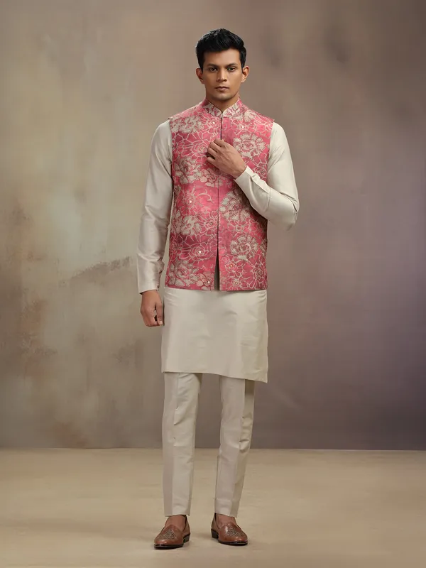 Beige and brown cotton waistcoast set