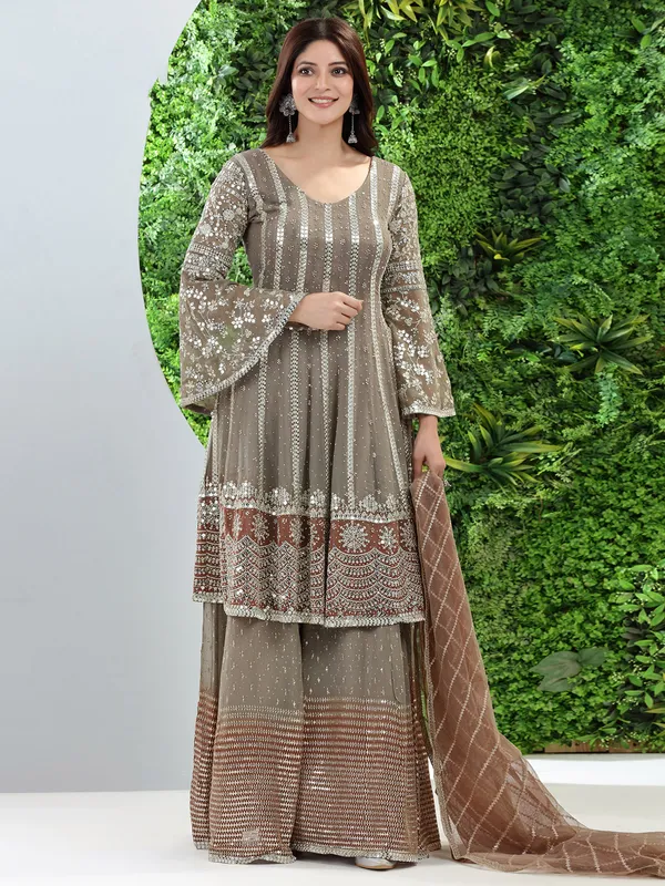 Beige and brown georgette palazzo suit
