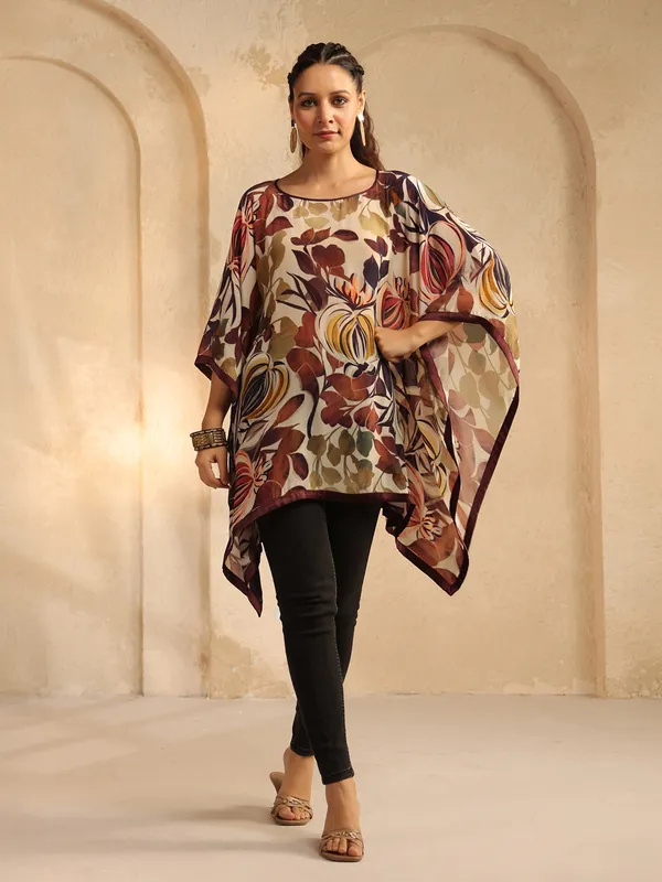 beige and brown printed crepe silk ponchos top