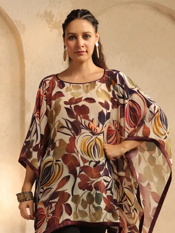 beige and brown printed crepe silk ponchos top