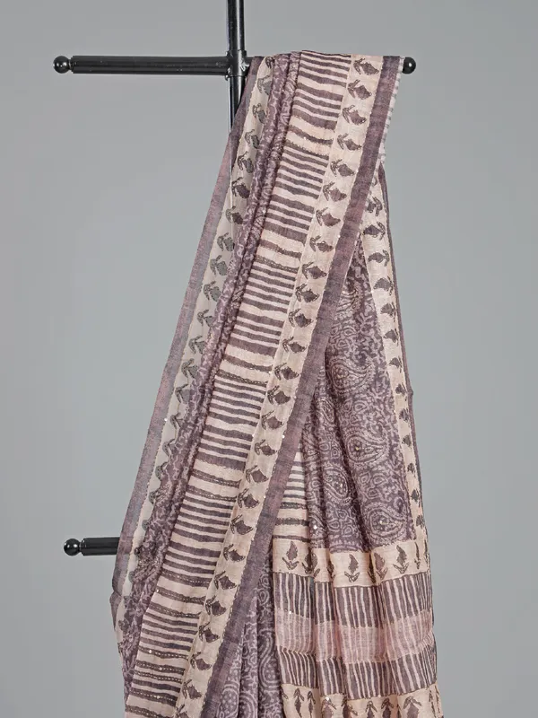 Beige and brown printed semi cotton saree