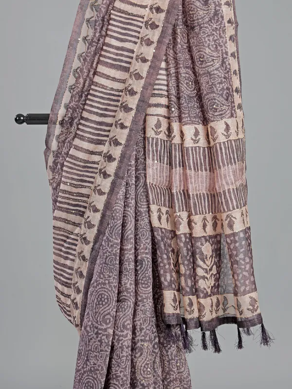 Beige and brown printed semi cotton saree