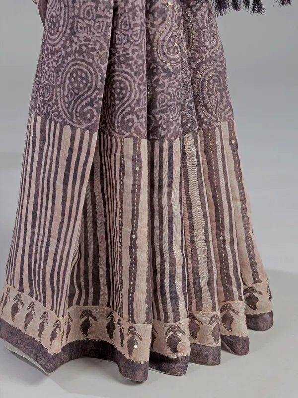 Beige and brown printed semi cotton saree