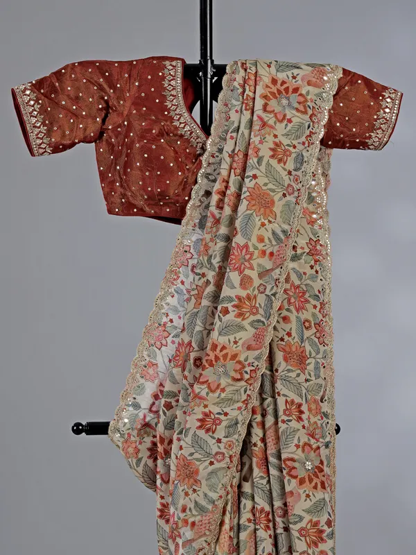 Beige and brown silk printed saree with ready made blouse