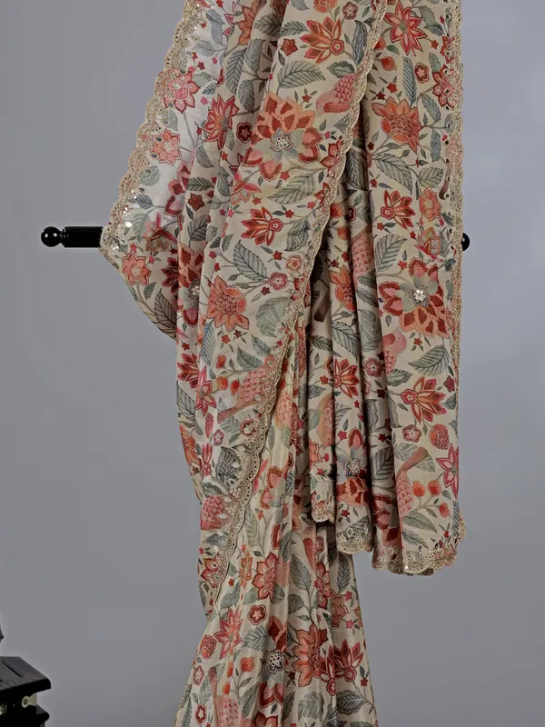 Beige and brown silk printed saree with ready made blouse