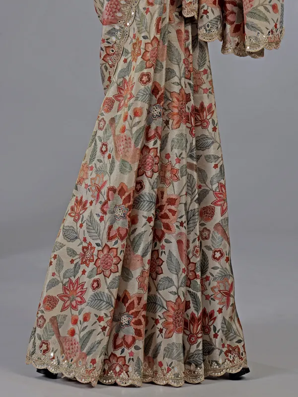 Beige and brown silk printed saree with ready made blouse