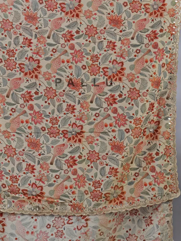 Beige and brown silk printed saree with ready made blouse