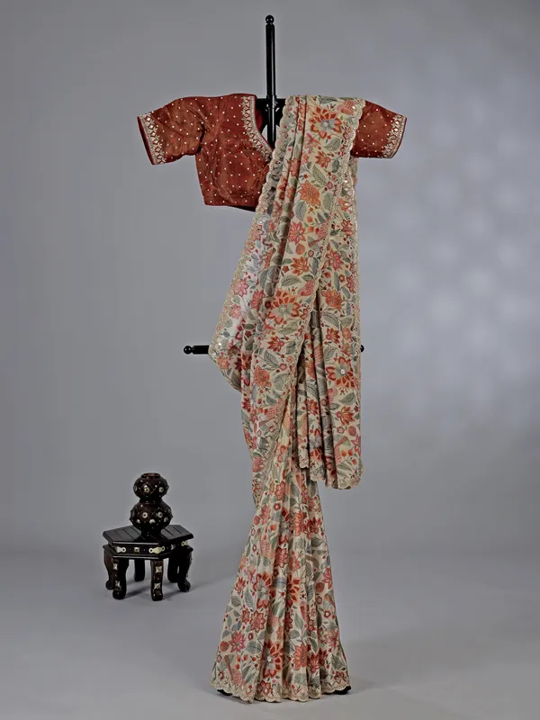 Beige and brown silk printed saree with ready made blouse