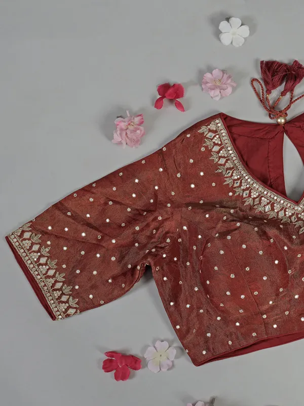 Beige and brown silk printed saree with ready made blouse