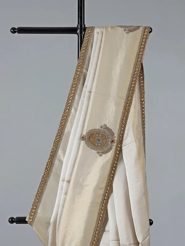 Beige and gold silk wedding zardosi saree
