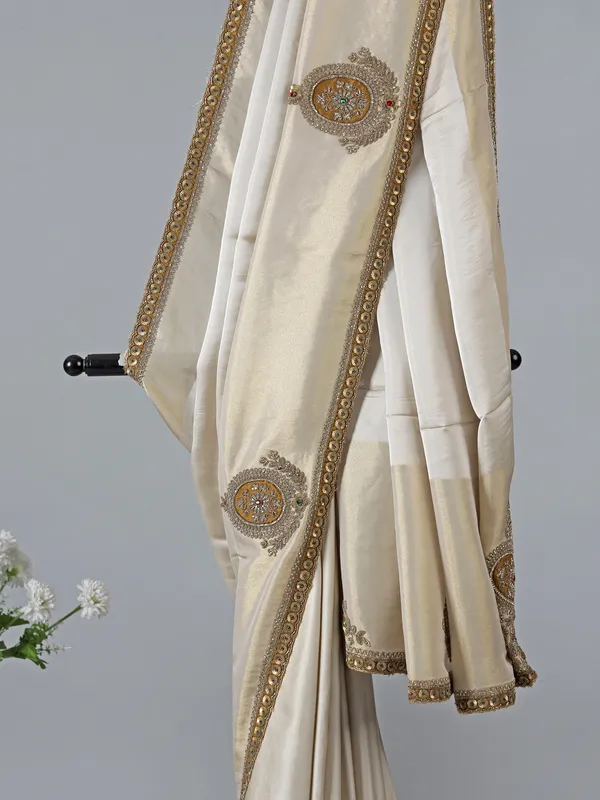 Beige and gold silk wedding zardosi saree