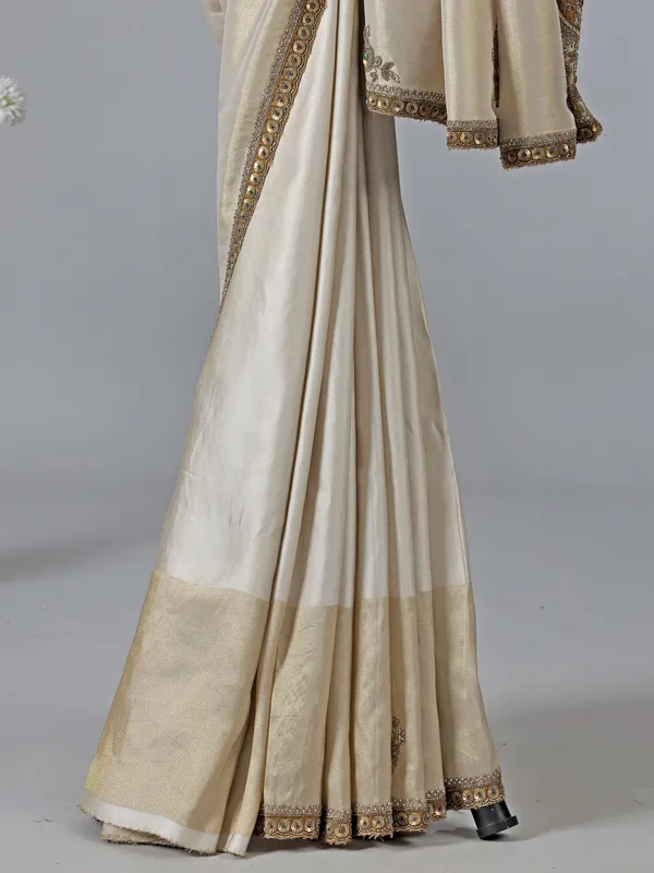 Beige and gold silk wedding zardosi saree
