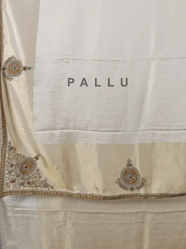 Beige and gold silk wedding zardosi saree