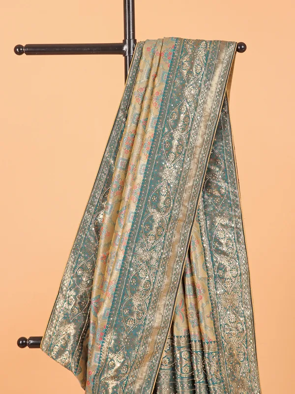 Beige and green dola silk wedding wear saree