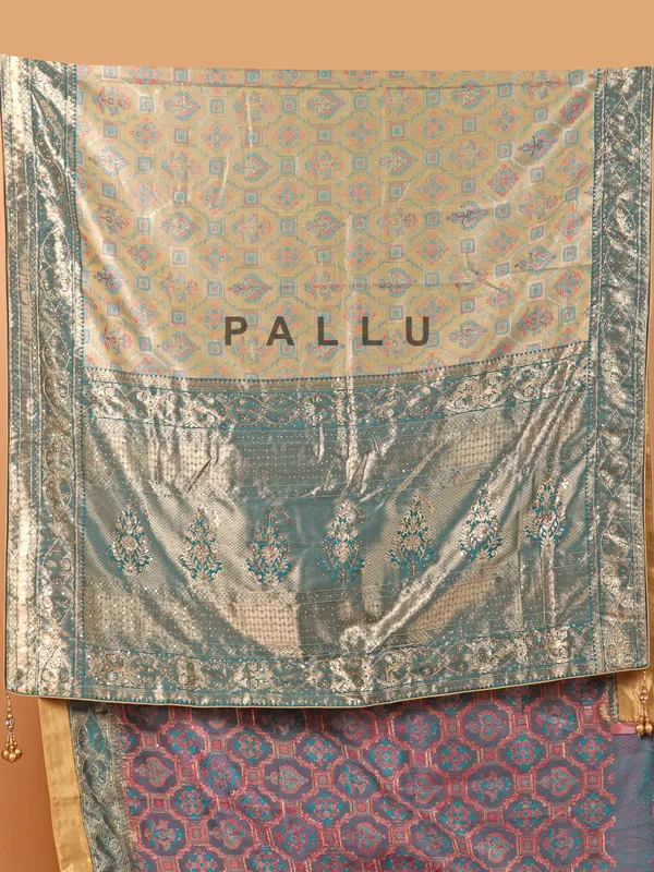 Beige and green dola silk wedding wear saree