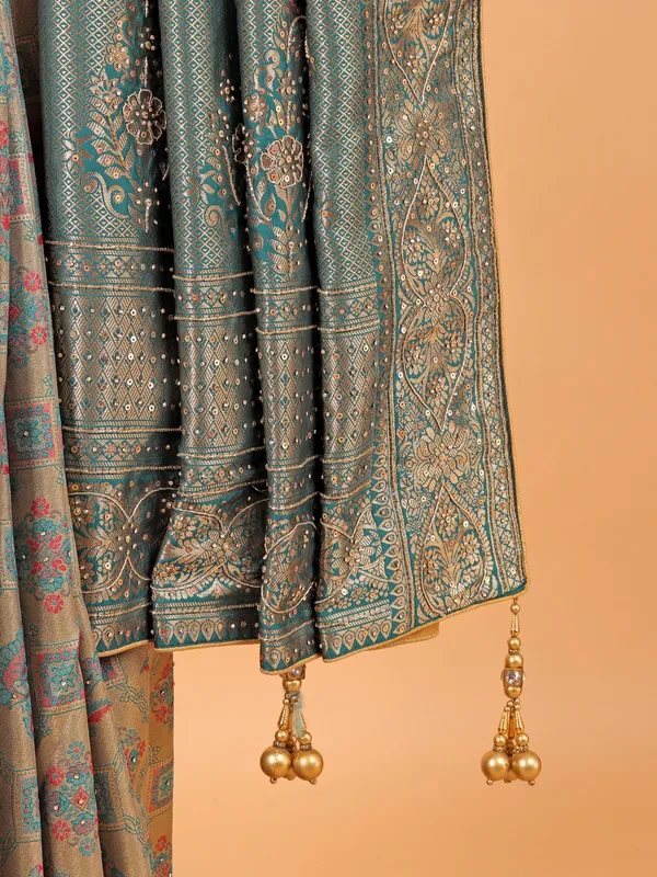 Beige and green dola silk wedding wear saree