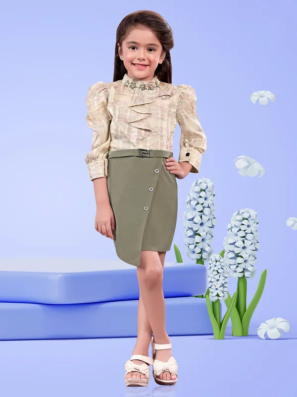 Beige and green lycra and georgette dress
