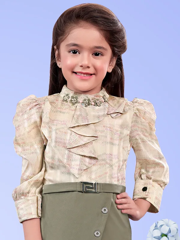 Beige and green lycra and georgette dress