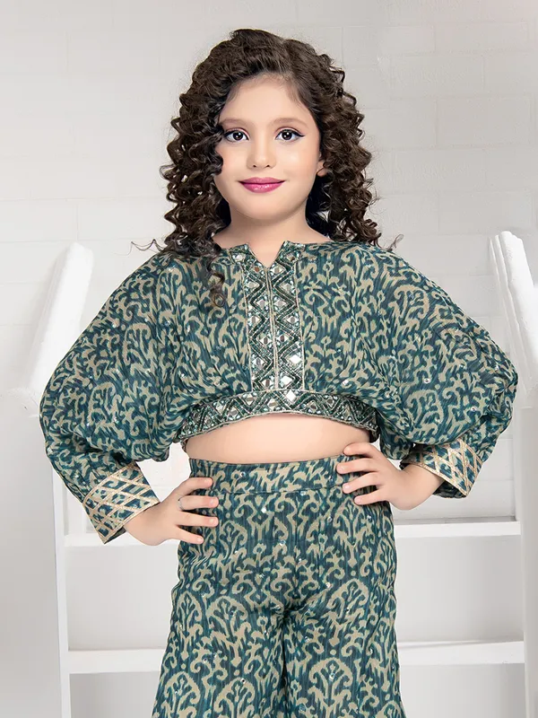 Beige and green printed palazzo with crop top