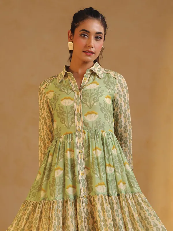 Beige and Green printed silk kurti