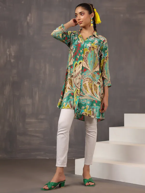 Beige and green printed silk tunic top