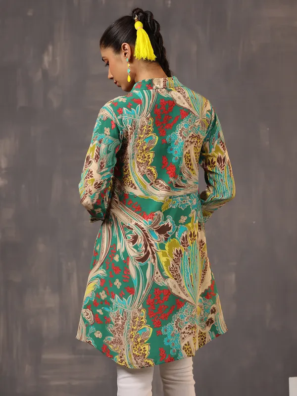 Beige and green printed silk tunic top