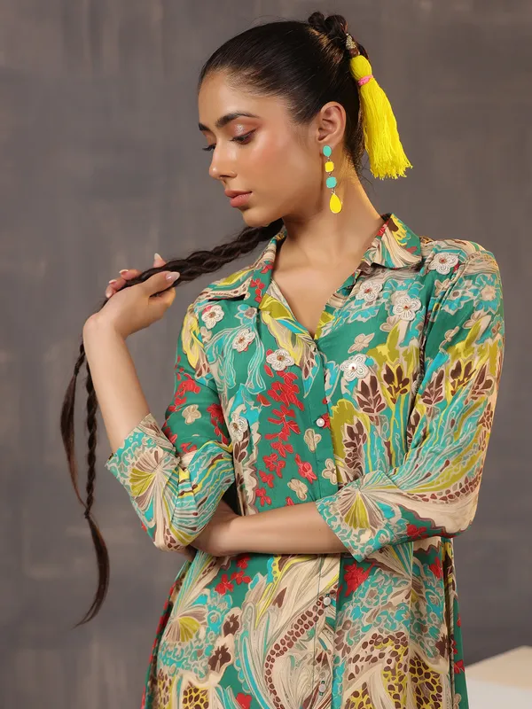Beige and green printed silk tunic top