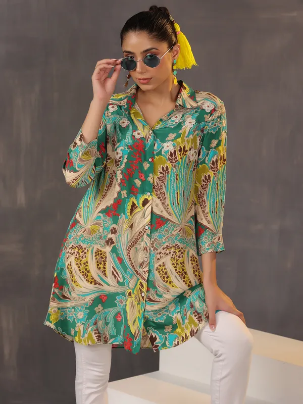 Beige and green printed silk tunic top