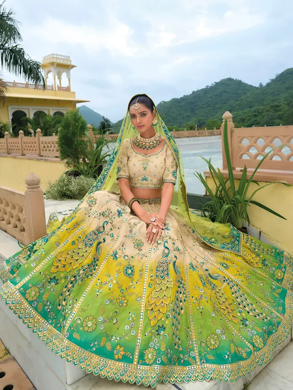 Beige and green silk wedding wear lehenga choli