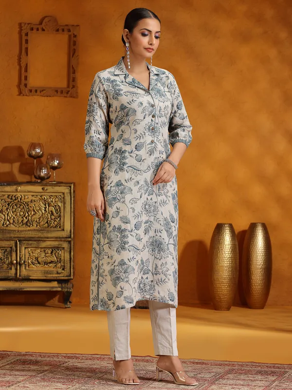 Beige and grey printed cotton silk salwar suit