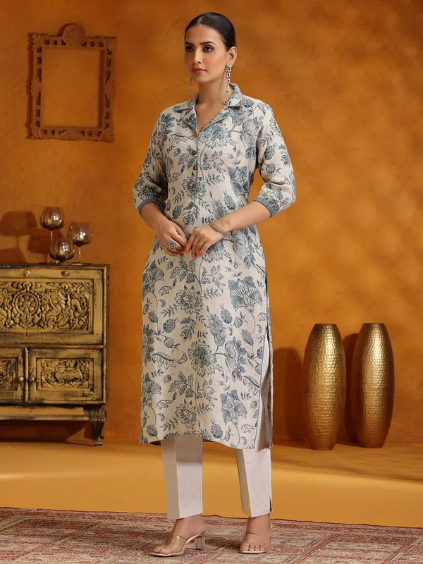 Beige and grey printed cotton silk salwar suit