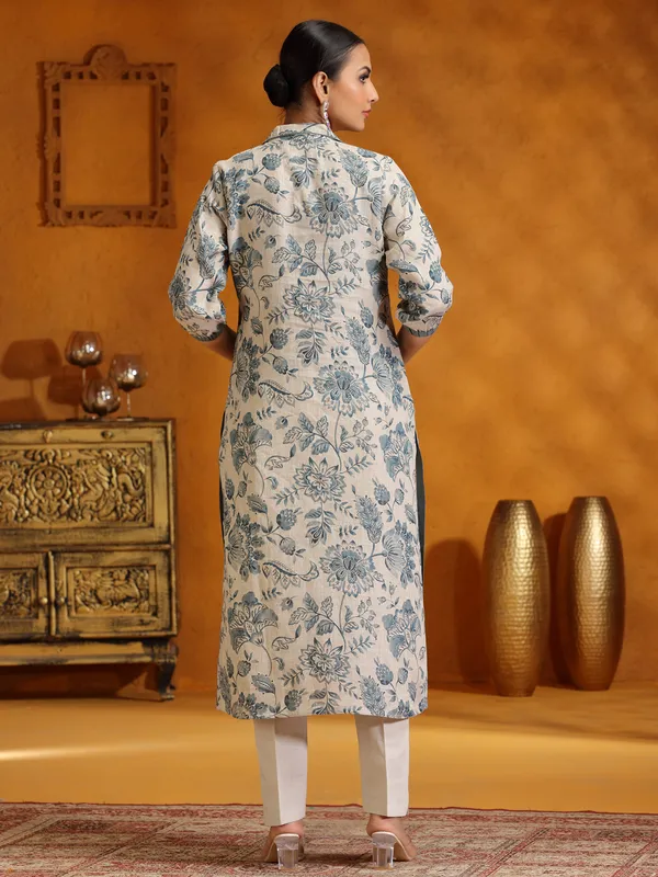 Beige and grey printed cotton silk salwar suit