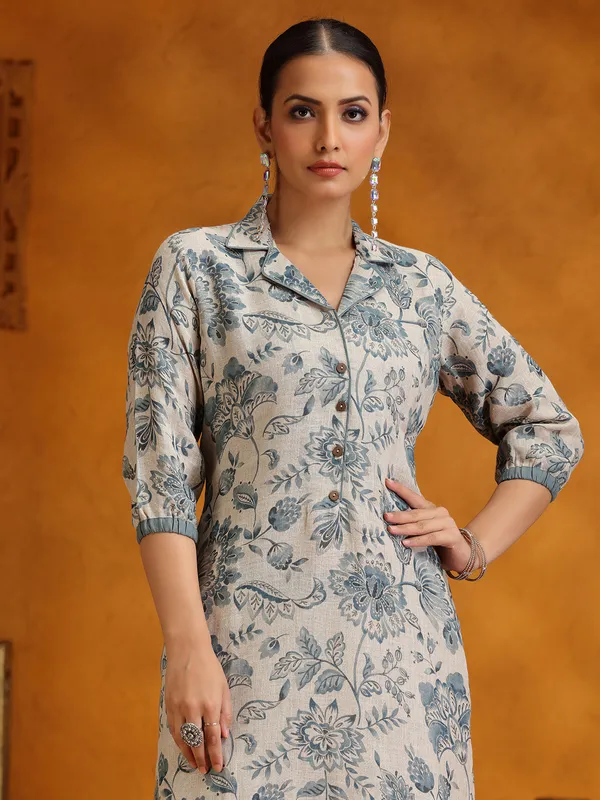 Beige and grey printed cotton silk salwar suit