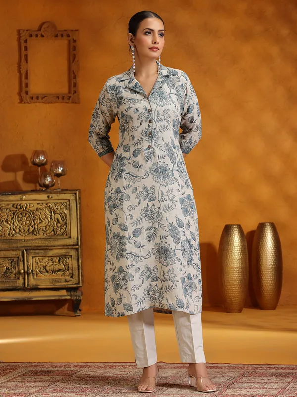 Beige and grey printed cotton silk salwar suit