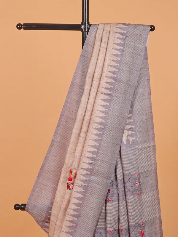 Beige and grey semi tusser silk festive wear saree