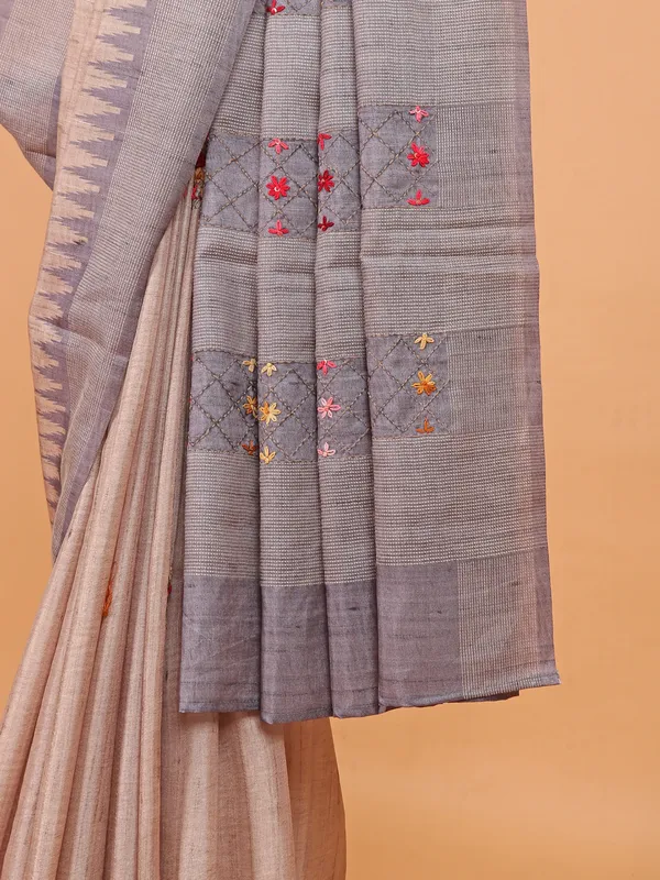Beige and grey semi tusser silk festive wear saree
