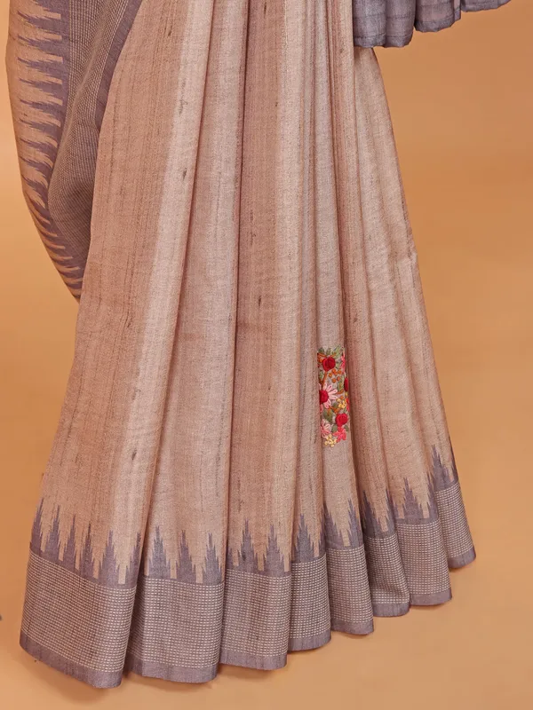 Beige and grey semi tusser silk festive wear saree