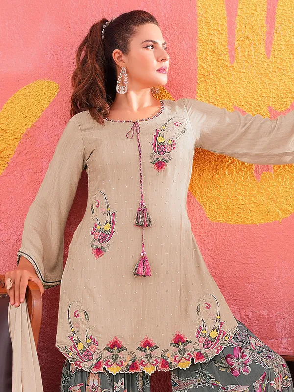 Beige and grey silk printed palazzo suit with cutdana work