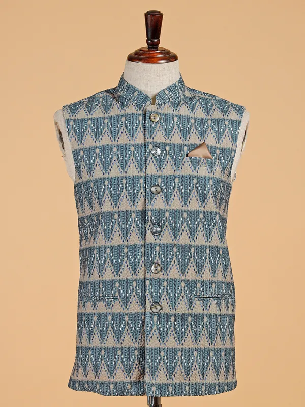 Beige and grey silk printed waiscoat