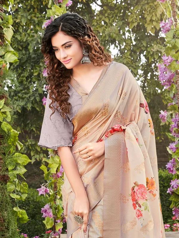 Beige and grey soft silk printed saree