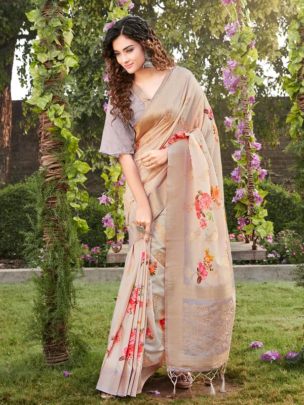 Beige and grey soft silk printed saree