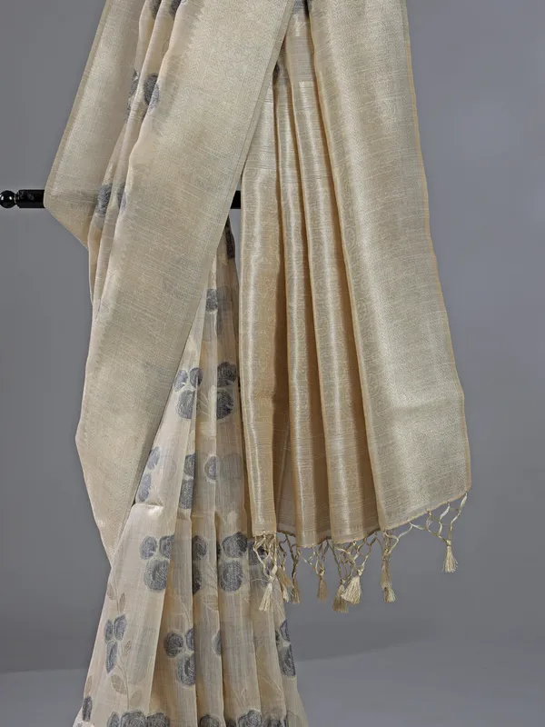 Beige and grey zari woven cotton silk saree for women