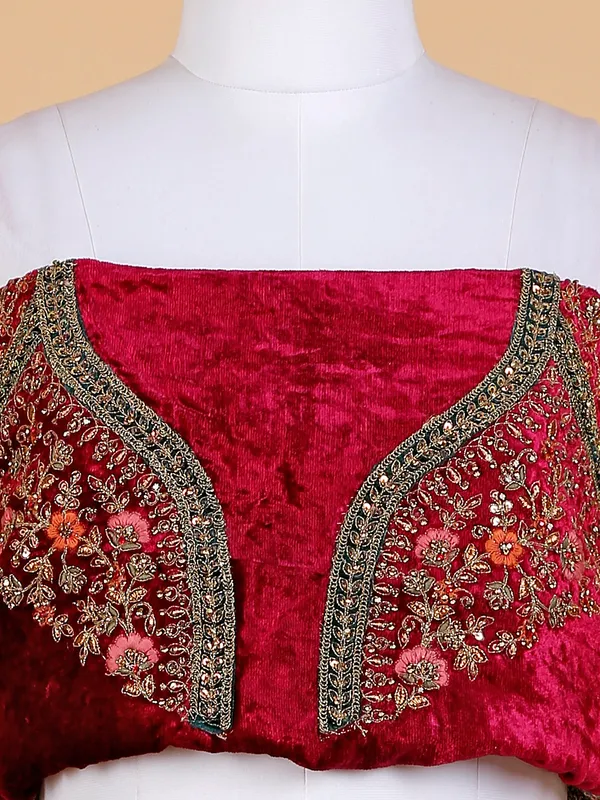 Beige and maroon net bridal lehenga choli